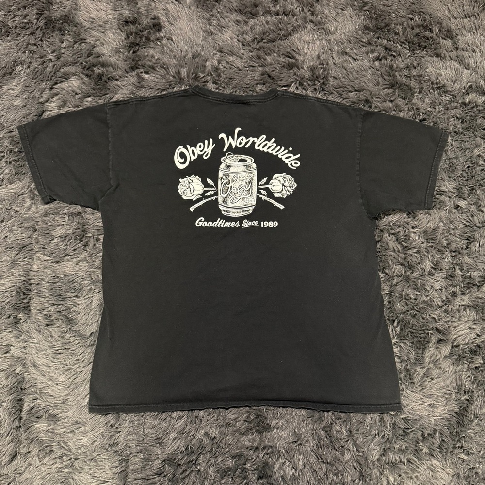Obey Worldwide Goodtimes Since 1989 Beer Can Rose Graphic T-Shirt Black XL